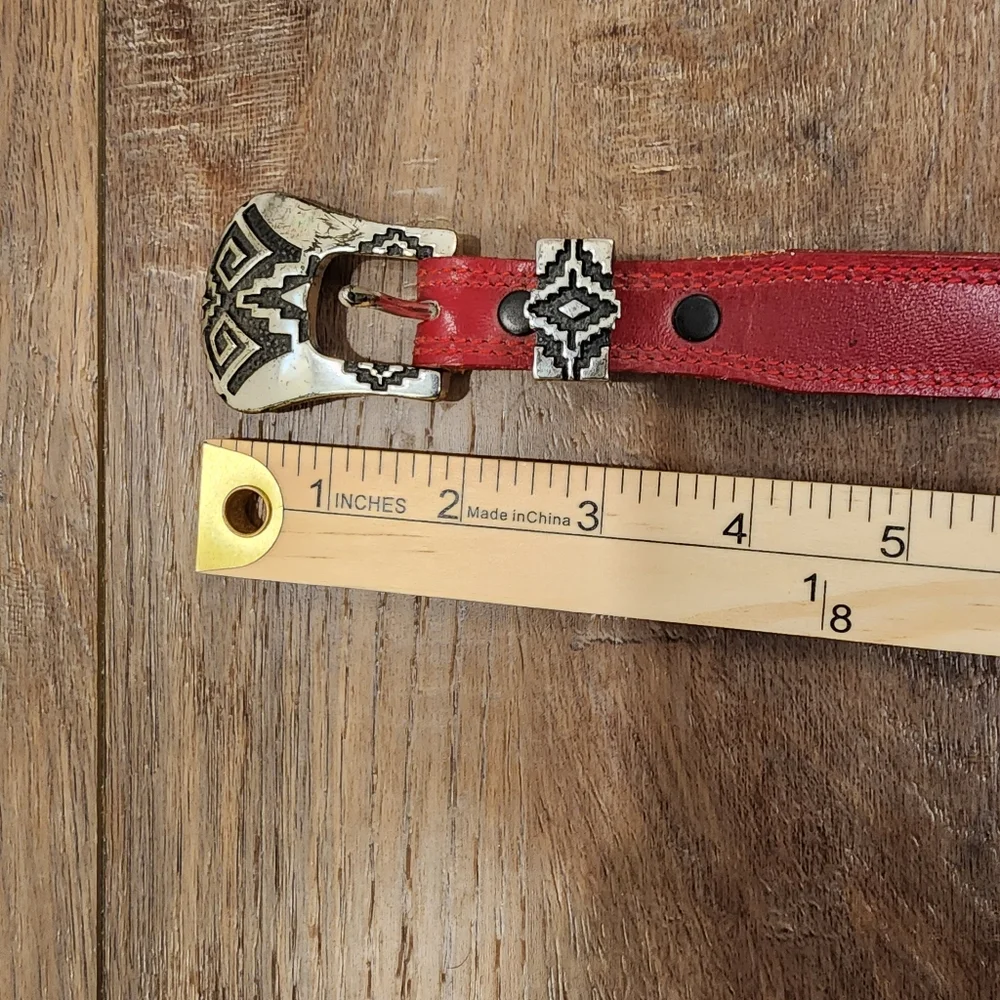 Nocona Red Leather Belt with Silver Aztec Southwestern Design Buckle size 26